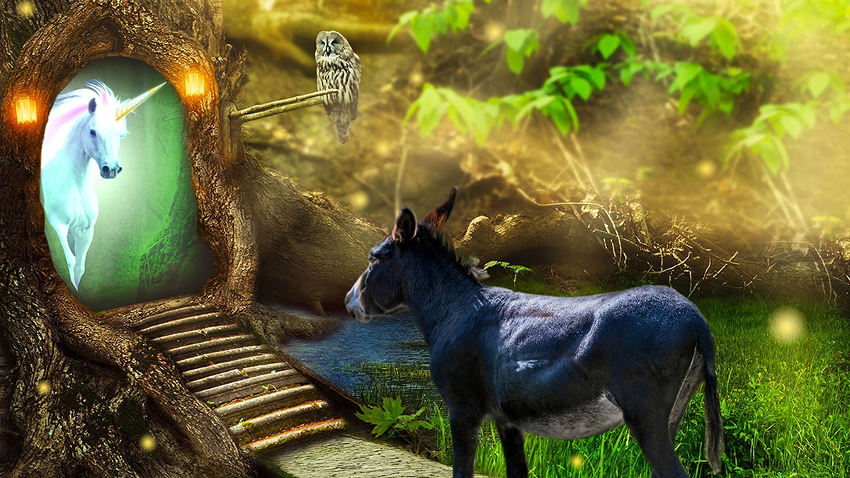 Fantasy: A unicorn emerges from a hollow tree in the forest. A donkey and an owl are sitting outside.