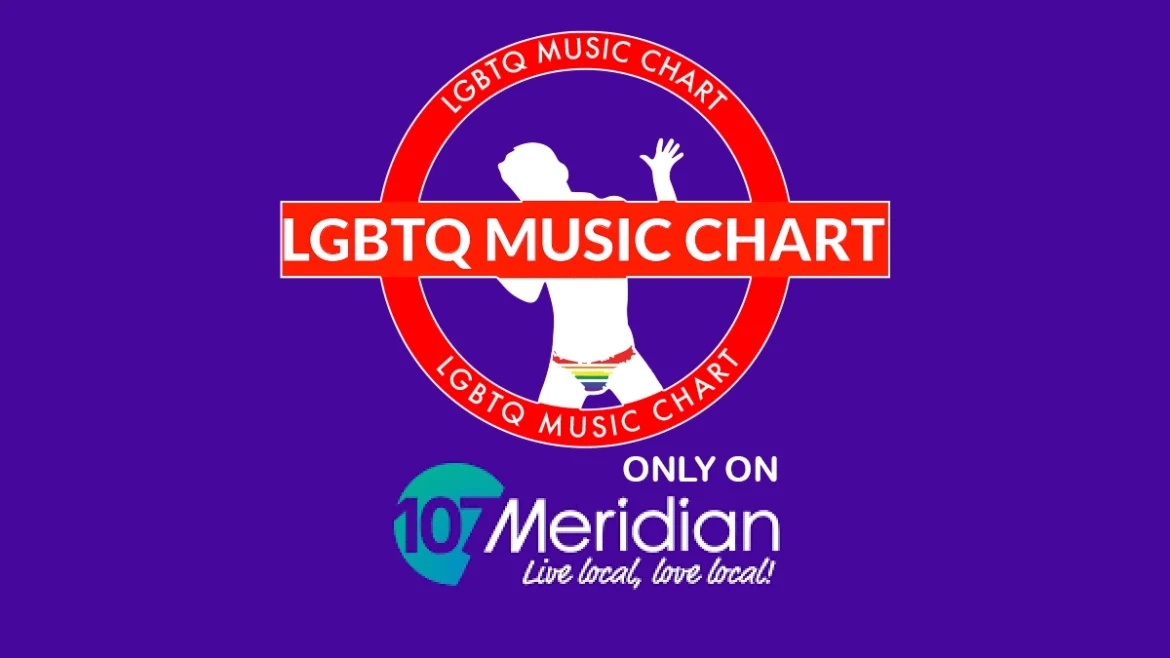 Background purple centred LGBTQ Music Chart logo and Meridian FM logo